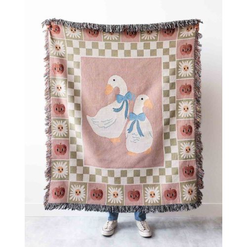 Cute Goose Blanket: Pink Checker Decor, Kawaii Animals Gift, Pastel Farmhouse Country, Cottagecore Kids Bedding, Maximalist Eclectic Unique