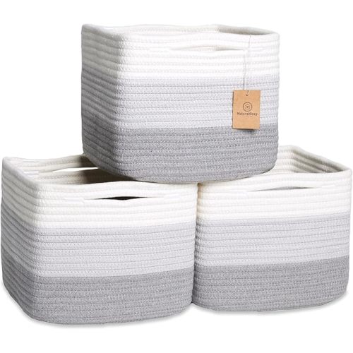 NaturalCozy Storage Cubes 9”x9”x7”Cotton Rope Woven Baskets for Organizing 3-Pack | 9 Inch Cube Storage Bin | Small Basket for Shelf Nursery, Pantry, Decorative Plant, Bathroom Closet, Toy Gift