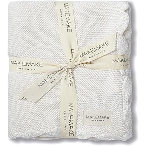 Makemake Organics Organic Baby Blanket GOTS Certified Organic Cotton Baby Blanket Newborn Modern Knit Blanket Breathable Unisex Boy Girl Stroller Blanket (30x40, Ivory)