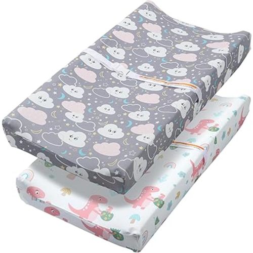 Changing Table Mat Cover Elastic Changing Pad Cover Premium Baby Changing Pad Cover 2 Pack for Boys Girls Unisex Soft and Comfortable (Dinosaur Eggs and Clouds Baby)