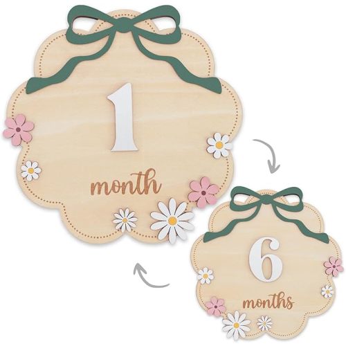 Wooden Baby Monthly Milestone Sign Set with Pink Bow, 1–12 Month Cloud Shape Photo Prop, Floral Baby Girl Growth Tracker Nursery Decor (Matte Sage)