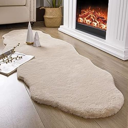 Ashler Faux Rabbit Fur Rug Runner for Christmas Decor, Beige Fluffy 2 x 6 Feet Rugs, Ultra Soft Shaggy Area Rug, Machine Washable Carpet, for Nursery, Bedroom, Kids Room, Living Room, Bedside