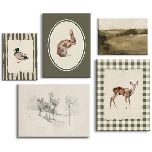 Vintage Nursery Wall Art Kids Canvas Poster Baby Boy Room Wall Decor Green Rabbit Wall Art Bunny Bird Prints Deer Picture Farmhouse Painting Nursery Artwork for Bedroom 8x10x5 Inch Ready to Hang
