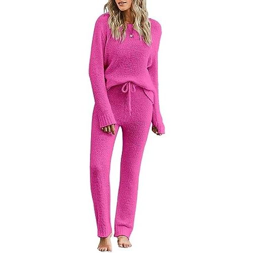 luvamia Women's Casual Pajama Set Fuzzy Fleece Knitted Long Sleeve Pj Loungewear