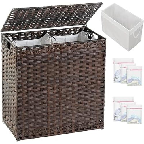 Laundry Hamper with Lid Wicker Laundry Basket 112 L (29.6 Gal) Laundry Hampers Handwoven Rattan Laundry Hamper with Handles 3 Removable Washing Bag, 6 Mesh Bags for Bathroom Bedroom Brown