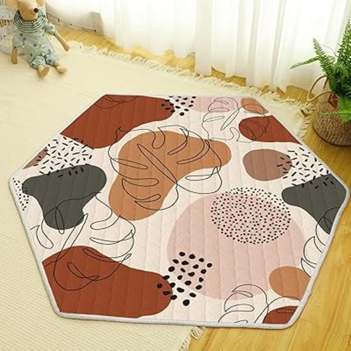 Funtery Woodland Animals Hexagon Playpen Mat Baby Play Mat Foldable Soft Nursery Rug Portable Baby Playmat Washable Comfortable Hexagon Playpen Mattress for Floor Activity Room (Boho Style)