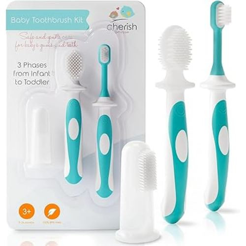 Cherish Baby Care Award-Winning Baby Toothbrush Set (3-24 Months) - Baby Finger Toothbrush, Training Toothbrush & Toddler Toothbrush - BPA-Free Infant Toothbrush Set, Baby First Toothbrush Set (Teal)