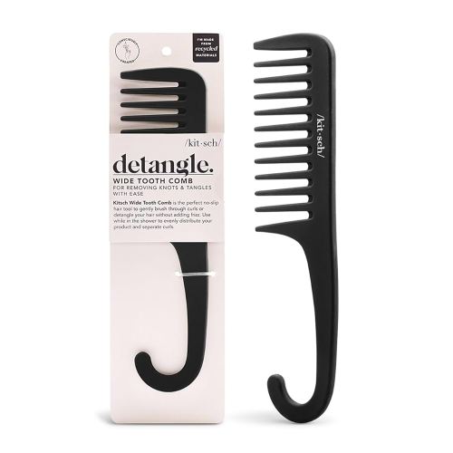Kitsch Wide Tooth Detangler Comb - Curved Handle for Curly, Wet & Thick Hair, Black Shower Comb for Women