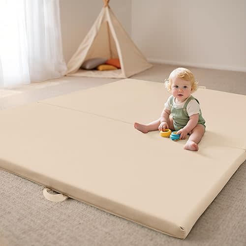 Foldable Baby Play Mats for Floor Vegan Leather 1.5 Inch Extra Thick Foam Play Mat for Kids for Playpen,Wipe-Clean Waterproof, Travel with Storage Bag,Crawling Mats for Toddlers&Infants,Beige