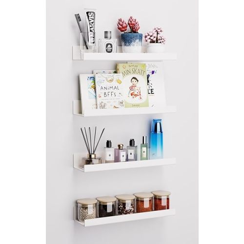 Albumgit 4 Pack Acrylic Shelves for Wall Storage, Self-Adhesive 15" White Floating Shelf for Pop Figures, Picture, Perfume, Books, Wall Shelf Organizer for Bathroom, Living Room, Bedroom, Kitchen