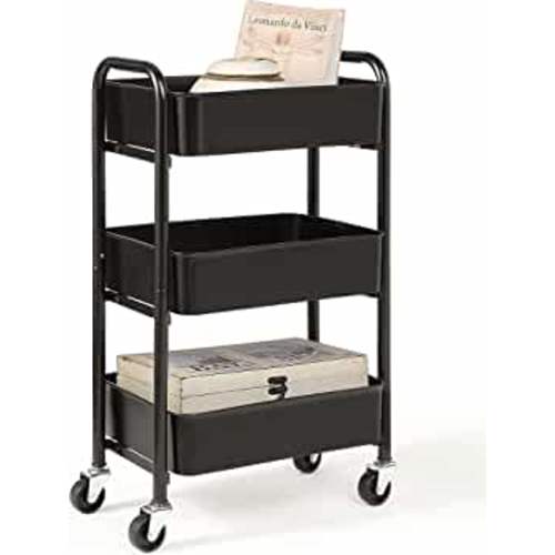 SunnyPoint 3-Tier Delicate Compact Rolling Metal Storage Organizer - Mobile Utility Cart Kitchen/Under Desk Cart with Caster Wheels (BLK, Compact (15.5" X 26.8" X 10.27"))