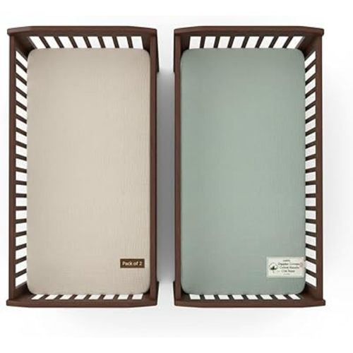 Crib Mattress Sheet Set of 2 Green & Beige, Premium Muslin Cotton, 52x28x9 Fitted Crib Sheets Snugly, Breathable & Soft for Safe Sleep, Stays Smooth After Wash