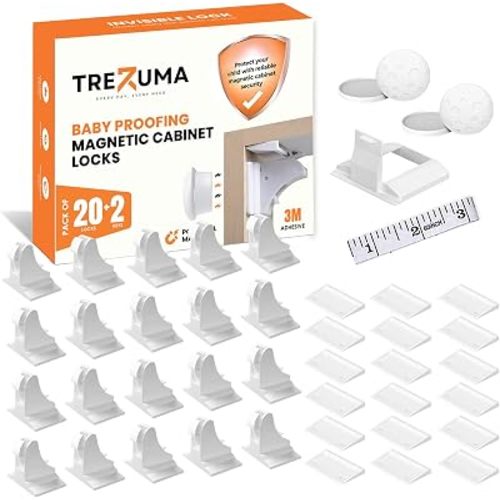 20 Pack Cabinet Locks Baby Proofing (20 Locks + 2 Keys) - Magnetic Cabinet Locks Child Proof with 3M Adhesive & Easy Installation, Child Safety Locks for Kitchen, Cabinets & Drawers