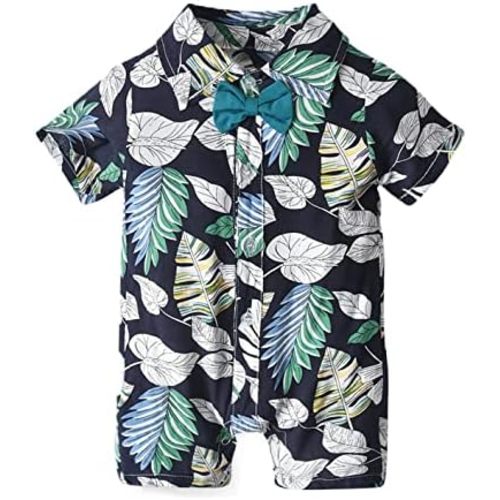 Newborn Baby Boy Summer Romper Short Sleeve Gentlemen Hawaiian Floral Jumpsuit Button-Down Bodysuit