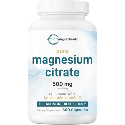 Pure Magnesium Citrate Supplements 500mg, 300 Capsules | Fat-Soluble Vitamin C Added | 100% Chelated | Supports Digestion, Muscle & Heart Health | Only Active Ingredients