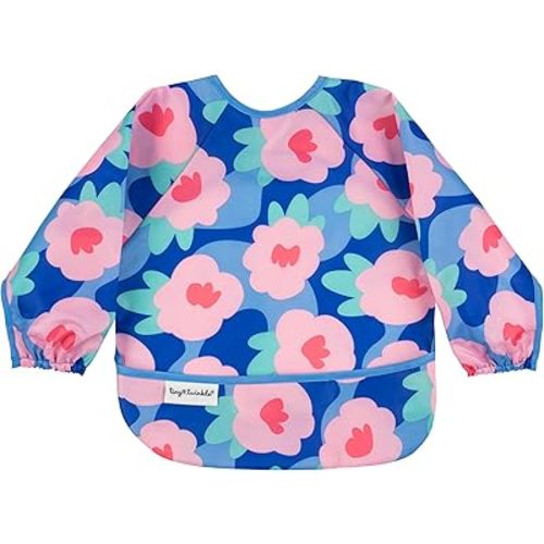Tiny Twinkle Mess Proof Baby Bib,Waterproof Smock Baby Bib for Eating,Machine Washable Long Sleeve Bib,Baby Led Weaning,Toddler Bib,BLW Supplies(Floral Blue, Small 6-24 Months)