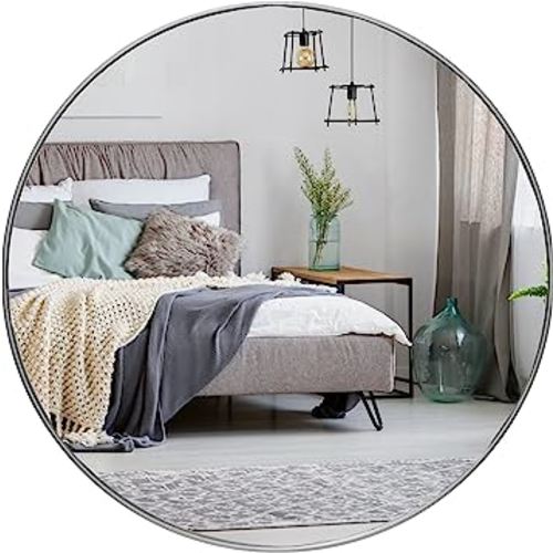 HBCY Creations Medium Round Mirror, Silver 30 inch Wall Mirror for Entryway, Bathroom, Living Room and More, Modern Minimalist Mirror for both Rustic and Boho Design and Decor