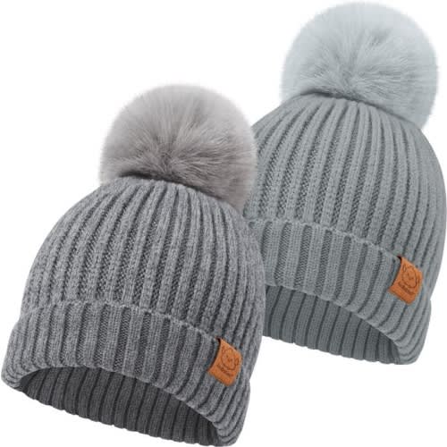 KeaBabies 2-Pack Pom Knitted Beanie, Medium, Steel