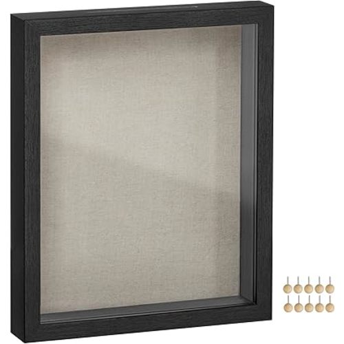 SONGMICS 11x14 Shadow Box Frame, Deep Box Frame with Top Slot and Push Pins, Picture Frame Display Case for Savings, Linen Fabric Backing for DIY Craft, Glass Front, Black, Gift
