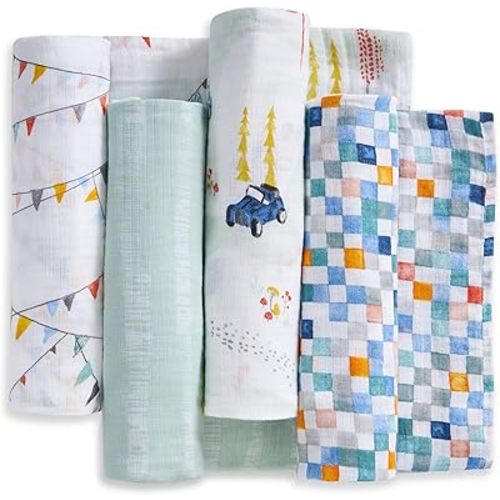 aden + anais Essentials Cotton Muslin Swaddles, Breathable Baby Blanket, Ideal for Boys, Girls, Newborns, Babies & Infants, Receiving Blanket, Soft and Lightweight Wrap, 4 Pack, Vintage Car Rally