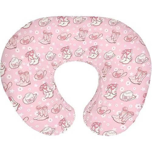 Pink Floral Bows Cowgirl Boots Hat Baby Nursing Pillow Covers for Girl Boho Western Cowgirls Stars Nursery Slipcover for Breastfeeding Pillows Country Soft Stretchy Removable Cover for Newborn Infant