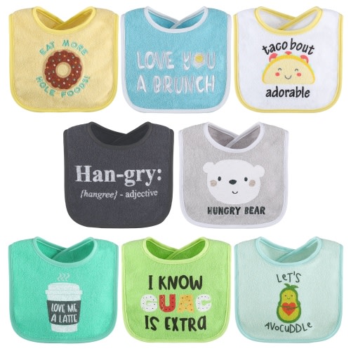 The Peanutshell Cotton Baby Bibs for Girls or Boys, 8 Pack, Green, Blue, Yellow