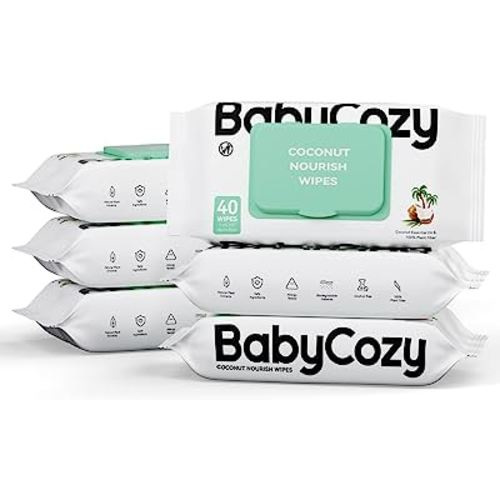 Baby Wipes, Cleansing & Moisturizing 2-in-1 Babycozy Sensitive , 100% Plant Fiber & Biodegradable, Hypoallergenic Baby Coconut Wipes Moisturize Every Cleanse, 240 cnt (6 pack)