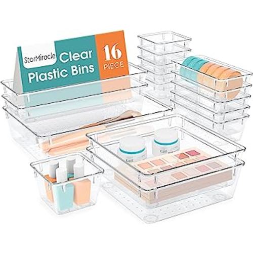 16 PCS Drawer Organizer Set, 5 Varied Size Bathroom and kitchen Drawer cabinet organizer Trays, Clear Storage Bins for Makeup, Jewelry, Utensils and Gadgets