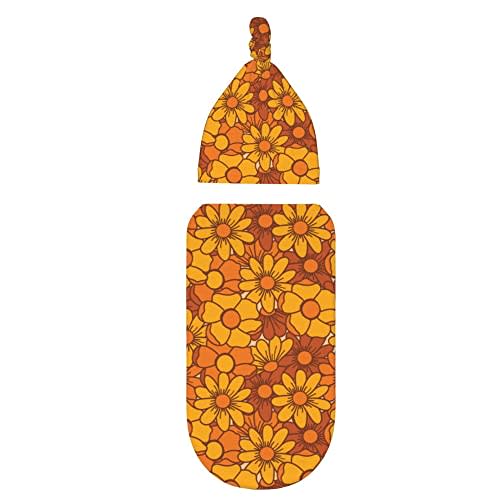 Midaivu 70s Floral Newborn Swaddle Blanket With Hat Sets Newborn Receiving Blanket for Boy Girl Swaddle Sack Shower Infant Gift