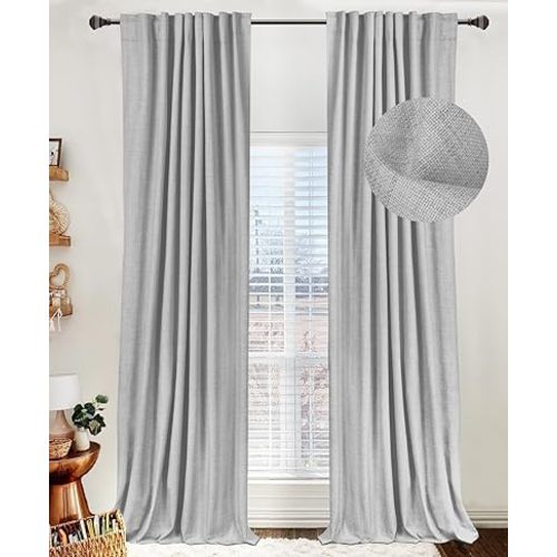 100% Blackout Shield Linen Blackout Curtains for Bedroom 96 Inches Long, Back Tab/Rod Pocket Living Room Drapes, Thermal Insulated Blackout Curtains 2 Panels Set, 50" W x 96" L, Grey