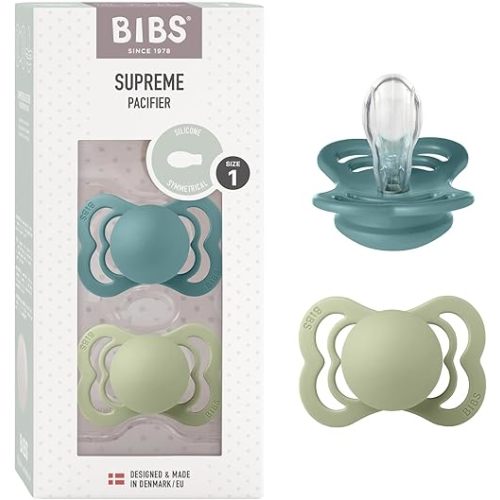BIBS Pacifiers - Supreme Collection | BPA-Free Baby Pacifier | Made in Denmark | Set of 2 Island Sea/Sage Color Premium Soothers | Size 0-6 Months