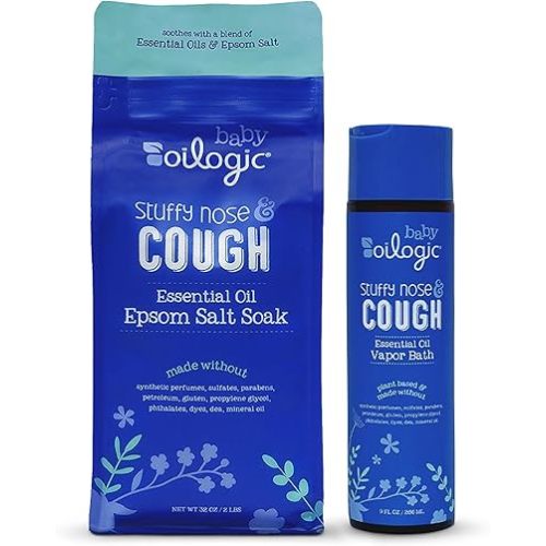 Oilogic Baby Stuffy Nose & Cough Power Bundle with Vapor Bath Relief & Epsom Salt Soak - Baby Bath Essentials - Made with Blended Essential Oils