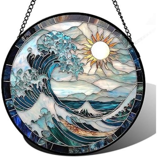 Stained Glass Window Hanging - White Sun Big Wave Suncatcher for Door Terrace Garden Home Decor Blue Ocean Landscape Sun Catcher Birthday Gifts for Lovers Women Men Dad Mom Nana 7.8 in