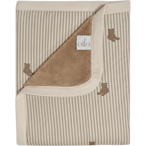 Oilo Bear Baby Blanket, Teddy Bear Baby Blanket with Ultra, Soft Plush Backing & Organic Cotton Jersey Print, Double, Layered, Cozy 30x40 Blanket for Newborns & Toddlers