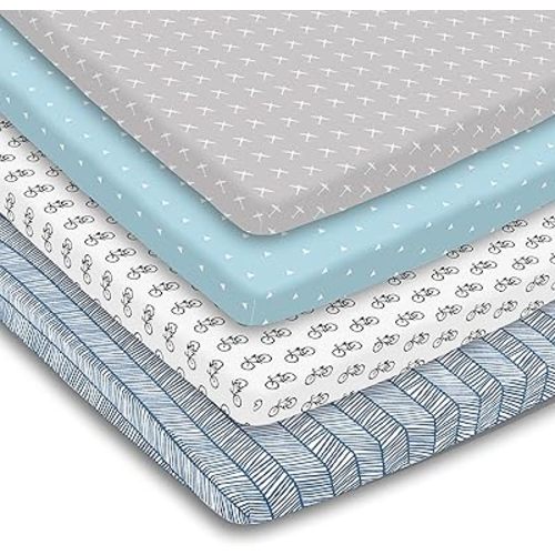 Pack n Play Sheets – Pack and Play Sheets 4 Pack – 100% Super Soft Jersey Knit Cotton Playard Mattress Sheets – Portable Playpen Sheet – Fitted Play Yard Mini Crib Sheet For Boy & Girl (24 x 38 x 5)