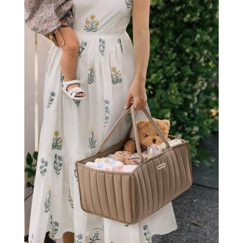 Blissful Diary Baby Diaper Caddy Organizer, Stylish Nursery Storage Basket - Gift for Baby Shower, Baby Registry Must Have, Newborn Essentials - Baby Caddy Organizer for Diaper Station - Sage Green - Mocha Brown + 1 Burp Cloth