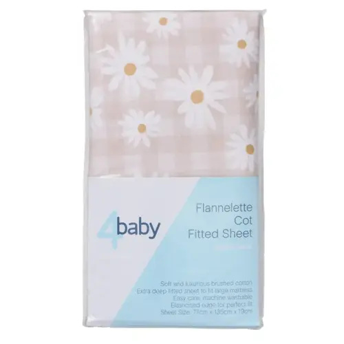 4Baby Fitted Sheet Cot Flannel Checkered Daisy | Baby Bunting AU