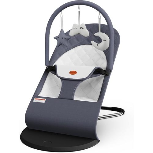 Portable Baby Bouncer Seat for Infants, 0-18 Months, 3 Modes of Use with Rocker & Stationary Options, Ergonomic Infant Chair with Hanging Toys, Baby Shower Gifts – Grey