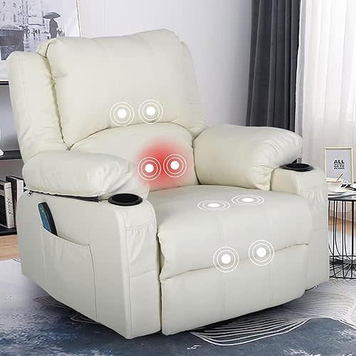 KCREAM White Rocker Recliner Chairs with Massage Heat,Oversized Leather Swivel Recliners for Living Room, Manual Reclining Lounge Chairs Overstuffed Single Sofa Chair with Side Pockets for Adults