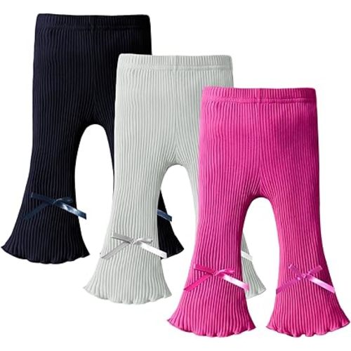 DREAM BUS 3 Pack Baby Girl Pants Toddler Leggings Solid Ribbed Cotton Baby Girls Flare Pants Toddler Bell Bottoms