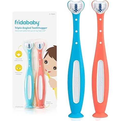 Frida Baby Triple-Angle Toothhugger Training Toddler Toothbrush | Toddler Toothbrush 2 Years and Up, Cleans All Sides at Once | 2 Pack (Pink + Blue)