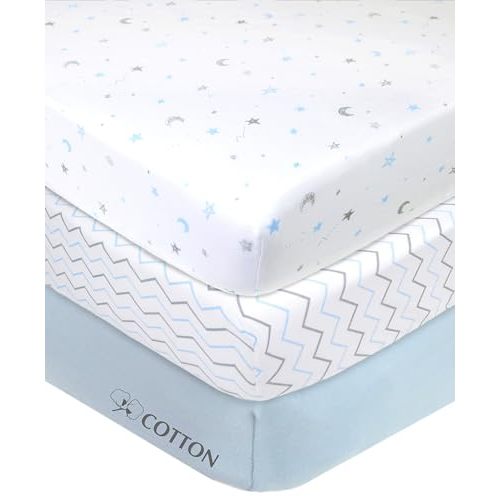 American Baby Company 3 Pack Fitted Mini Crib Sheet 24" x 38", Soft Breathable Neutral 100% Cotton Jersey Portable Sheet, Blue Star/Zigzag, for Boys and Girls, Fits Most Pack N Play Mattresses