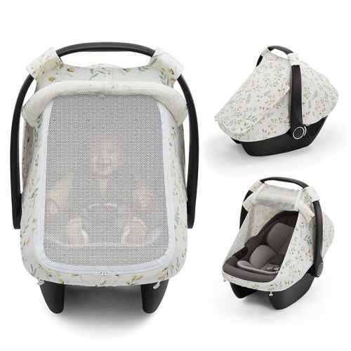 Blissful Diary Baby Car Seat Cover, Extra Large Mesh Window, Breathable Muslin Cotton, Infant Windproof Canopy, Must-Have Baby Gift - Botanical Leaf