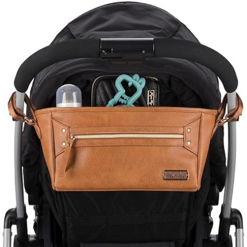 Itzy Ritzy Adjustable Stroller Caddy/Organizer - Stroller Organizer Bag Featuring Front Zippered Pocket, 2 Built-in Interior Pockets & Adjustable Straps to Fit Nearly Any Stroller (Cognac)