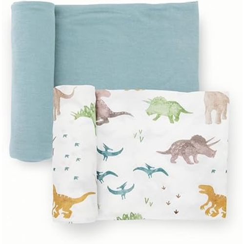 Little Unicorn Large Stretch Knit Swaddle Blanket 2 Pack| Super Soft with Optimal Stretch for swaddling | Giftable Set (Dino Pals)