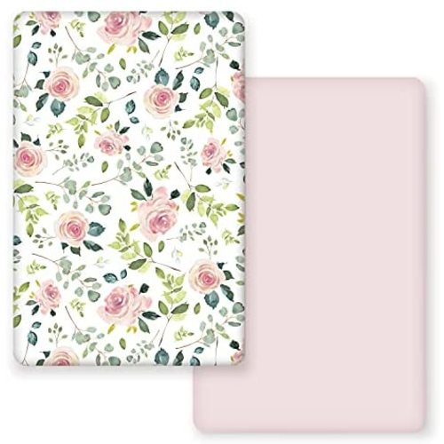 GRSSDER Stretchy Ultra Soft Jersey Knit Fitted Pack n Play Sheets Set 2 Pack, Portable/Mini Crib Sheets, Snug and Safe Playards Sheet for Baby, Pink Rose Stylish Print