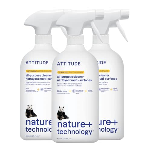 ATTITUDE All Purpose Cleaner Spray, EWG Verified, Vegan, Made with 94% Plant-Based Ingredients, Streak-Free for Kitchen, Bathroom, Glass & More, Citrus Zest, 27.1 Fl Oz (Pack of 3)