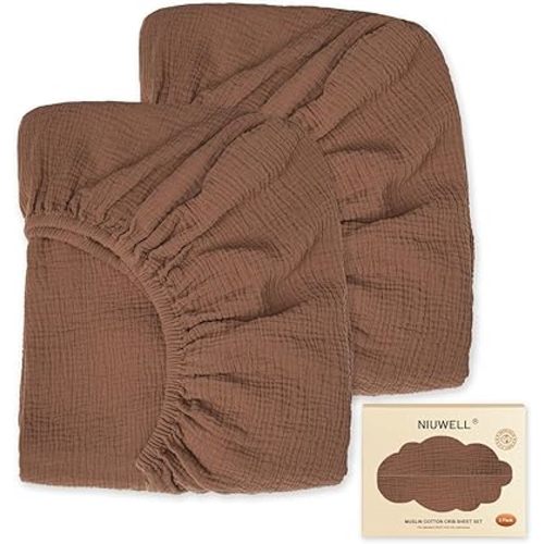 2-Pack Soft Muslin Cotton Crib Sheets, Fitted for Standard Crib Mattress (52"x28"), Breathable & Gentle Baby Bedding (Brown)