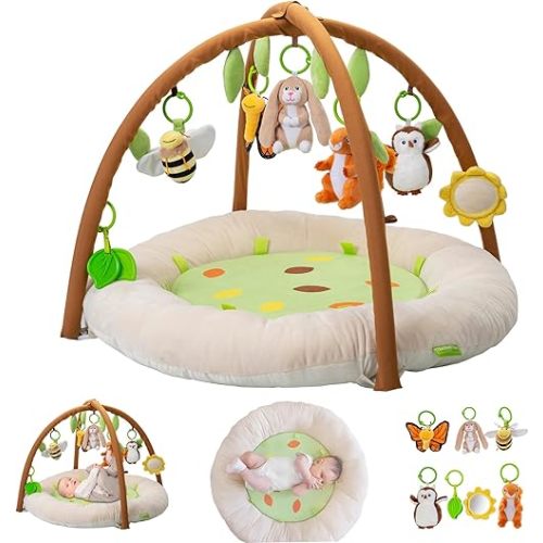 Baby Play Gym by Two Little Feet, Premium Super Thick Padded Tummy Time Mat & Baby Play Mat for Babies 0-6 Months and 6-12 Months, Baby Essentials Baby Lounger, Ideal Shower Gift, 7 Detachable Toys