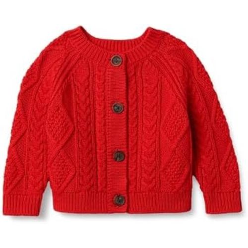 Amazon Essentials x Sofia Grainge Unisex Babies' Cable Knit Cotton Fisherman Cardigan Sweater, Red, 3-6 Months